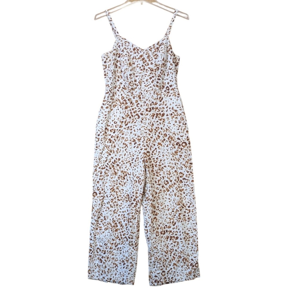 Old Navy Women Animal Print Wide Leg Linen Blend Cami Jumpsuit Size M Brown